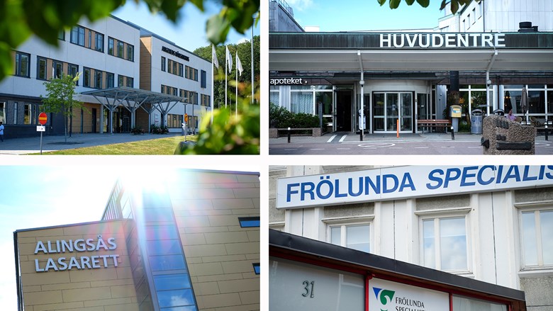 Kollagebild som visar exteriörer på Angereds närsjukhus, Kungälvs sjukhus, Alingsås lasarett och Frölunda Specialistsjukhus.
