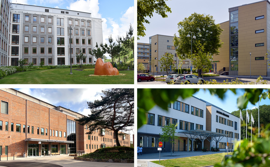 Kollage med exteriörbilderåp de fyra sjukhusen