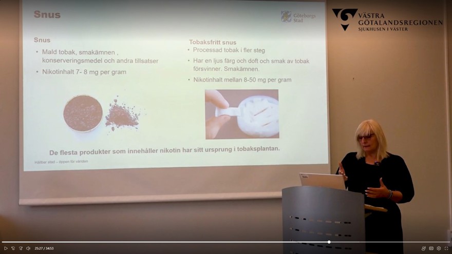 Föreläsare står snett framför en filmduk som visar bild och fakta om "vanligt" snus och "tobaksfritt" snus.